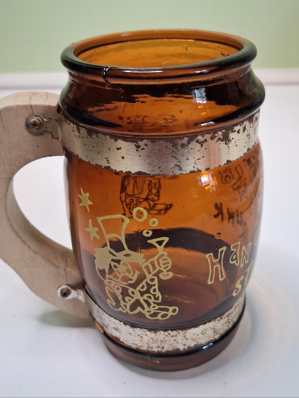 Vintage Amber Glass Tavern Barrel Mug with Wooden Handle Retro Barware